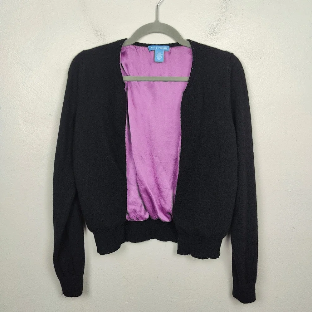 White + Warren Cashmere Cardigan‎ Sweater Womens Medium Black Purple Silk Lining